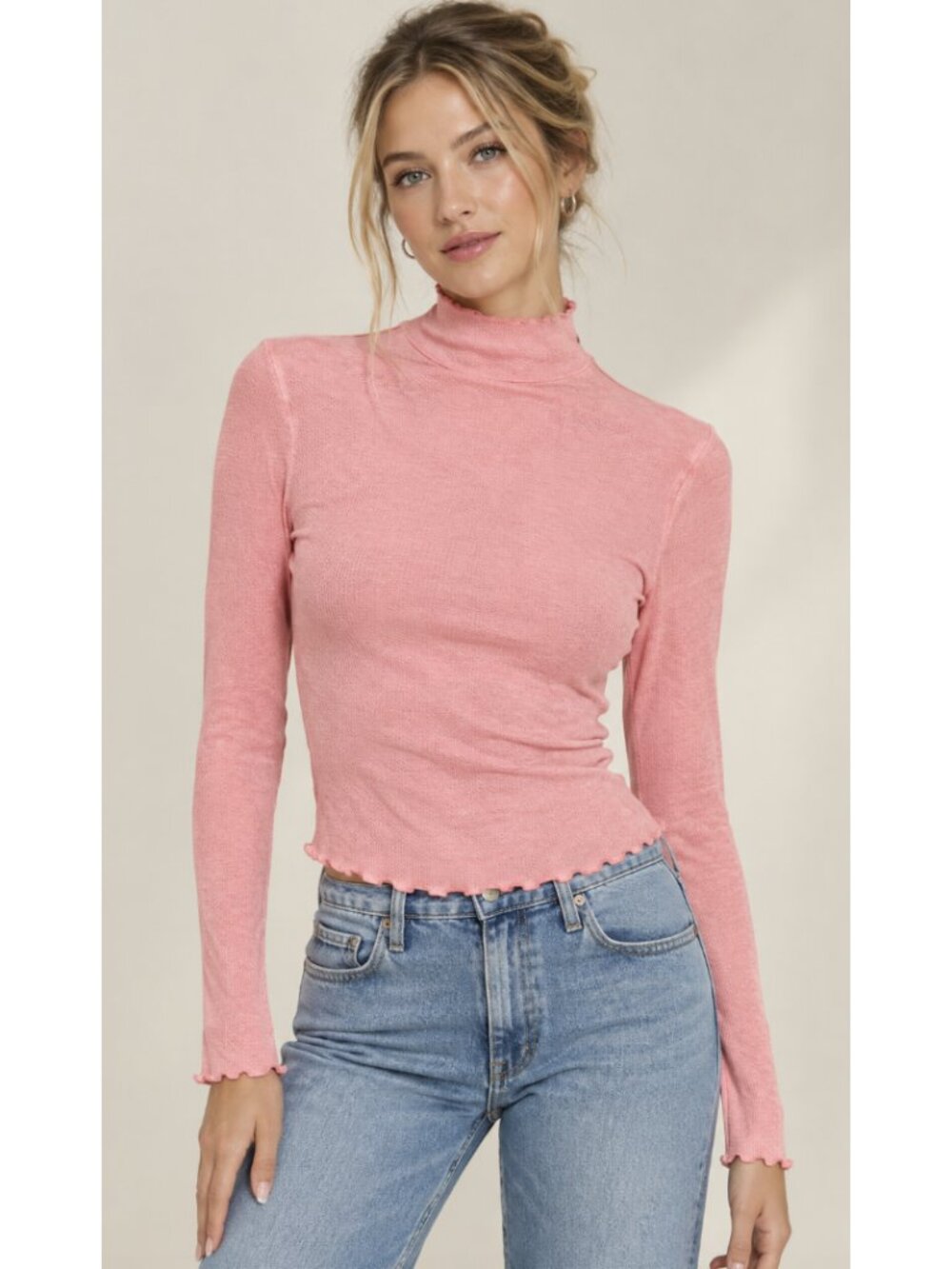 FREE PEOPLE WE THE FREE Ready For It Mock Neck Light Pink Medium Pointelle Boho